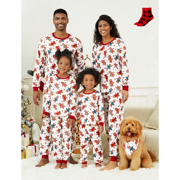 PatPat Womens Pajamas Sets Christmas Family Matching Pjs Gingerbread Man Long Sleeve Top and Pant White Loungewear with Socks, 2-Piece, Size M
