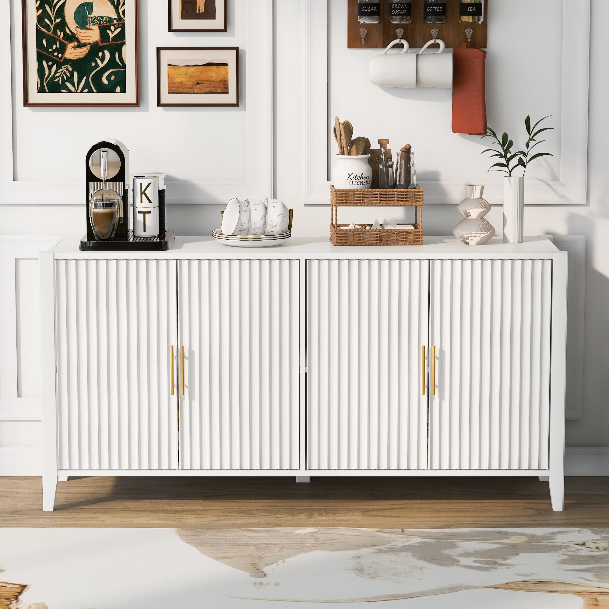 Mintazer 61" Fluted Sideboard Buffet Cabinet with 4 Door, Modern Wave Slatted Storage Credenza with Gold Metal Handles for Dining Room Living Room Entryway, White