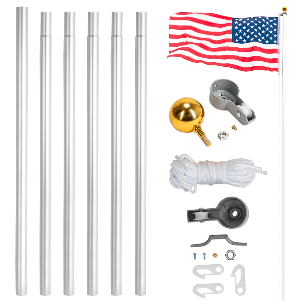Outdoor Sectional American Flag Pole Kit, USA Flag with 25ft Aluminum Pole, 3x5 American Flags, No Tangle and Free Spinning, Residential Yard Commercial Telescoping Flagpole Kit, JA2815
