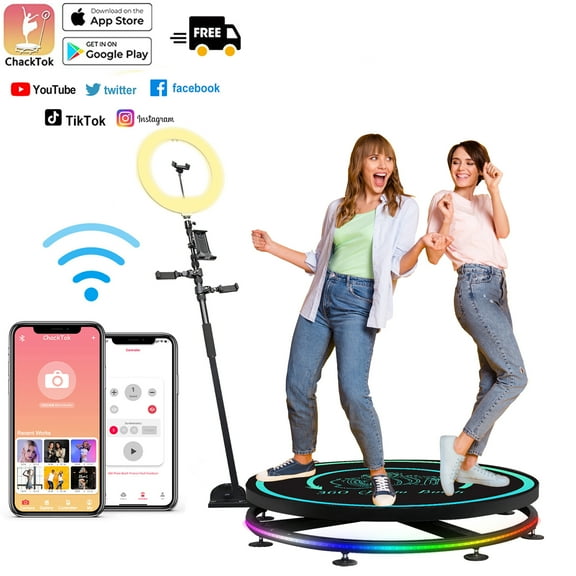 JIYANG 360 Photo Booth Machine 57cm with Software for Parties with Ring Light,1 People Stand on APP Remote Control Automatic 360 Spin Camera Booth with Trolley(22.5'')