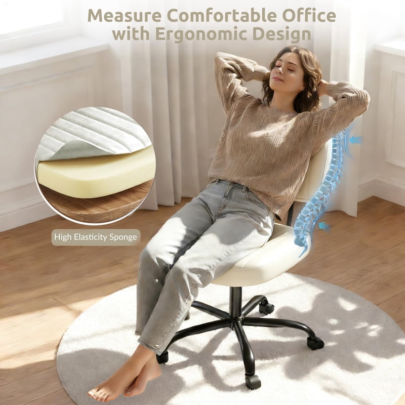 Kelno Armless Office Chair Height Adjustable Swivel Rolling Task Chair with Lumbar Support PU Leather Desk Chair, White