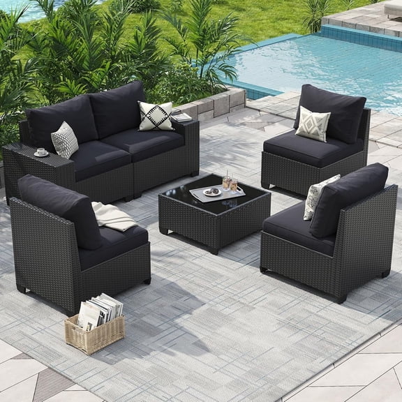 Aoxun Patio Furniture Set, 6 Pcs Outdoor Patio Furniture Sets with 4in Thicken Cushion, Widen Armrests Wicker Outdoor Sectional for Backyard (Waterproof Cover Include)