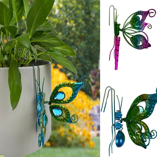 Colgante de insectos metálicos pintados a mano para macetas - Decoración de jardín verde y morado - Percha para plantas exteriores de 15x13 cm