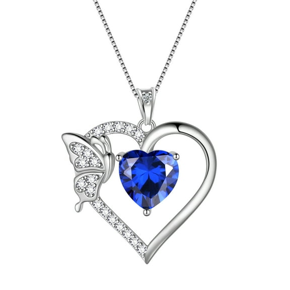 Blue Heart Necklace Butterfly September Birthstone Necklace Sapphire CZ 925 Sterling Silver Pendant Jewelry Women Birthday Mother's Day Gifts