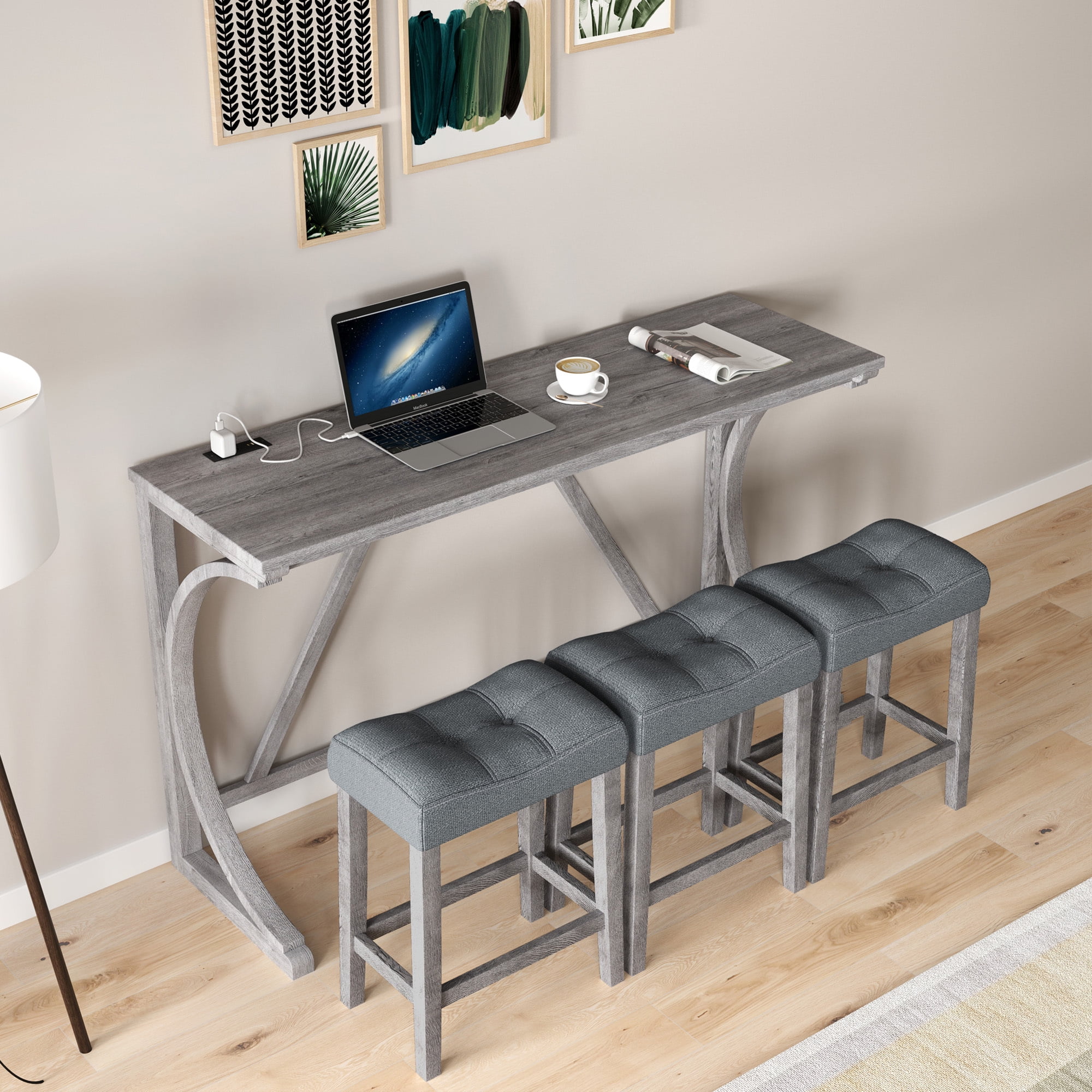 4 Piece Bar Table Set with Power Outlet,Industrial Style Dining Table Set for 3,Breakfast Table and Chairs Set for Living Room,Dining Room, Game Room,Gray