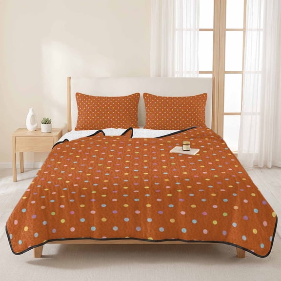 3 Pieces Queen Quilt Set,Colorful Polka Dot on Orange Soft Bedding Sets with 1 Quilt & 2 Pillow Shams,Modern Minimalist Dotted Summer Bedspread Lightweight Coverlet Comforter for All Season