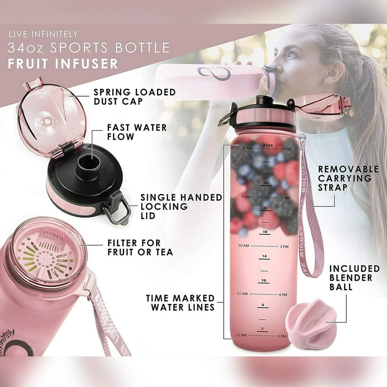 Live Infinitely Gym Water Bottle with Time Marker Fruit Infuser and Shaker 34 oz Clear