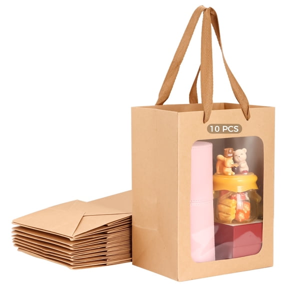Kraft Gift Bag with Window, 10 PCS Brown Kraft Paper Gift Bags, 9.8 x 7.1 x 5.1 Inches Paper Gift Bags with Rope Handles, Shopping Bags, Retail Bags for Food, Snacks, Flowers, Party Favors