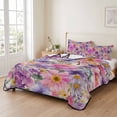 thumbnail image 2 of King Quilt Set 96''x106'', Farmhouse Flowers Lightweight Bedspread Coverlet with 2 Pillow Shams, Spring Watercolor Purple Pink Floral Beige Breathable All Season Quilt Bedding for Bedroom/Guest Room, 2 of 9