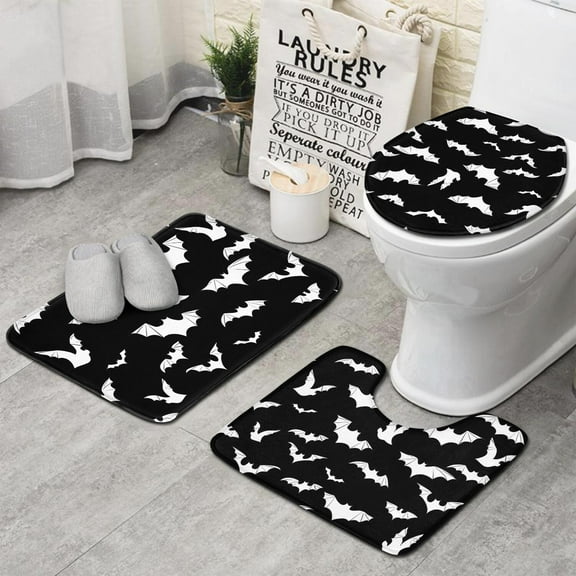Halloween Bat Silhouettes Bathroom Rugs Sets 3 Piece,Toilet Cover Set,Absorbent Non Slip Bathroom Mats Sets with U-Shaped Contour Rug Toilet Rug Set