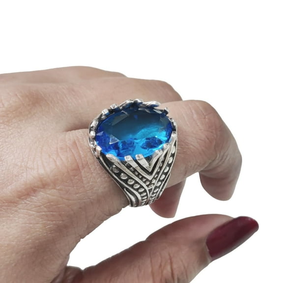 Blue Topaz Mens Ring, Natural Swiss Blue Topaz, November Birthstone Topaz, Silver Jewelry, 925 Silver Ring, Birthday Gift, Heavy Mens Ring, Arabic Oxidized Mans Ring, Christmas, Mens Signet Ring
