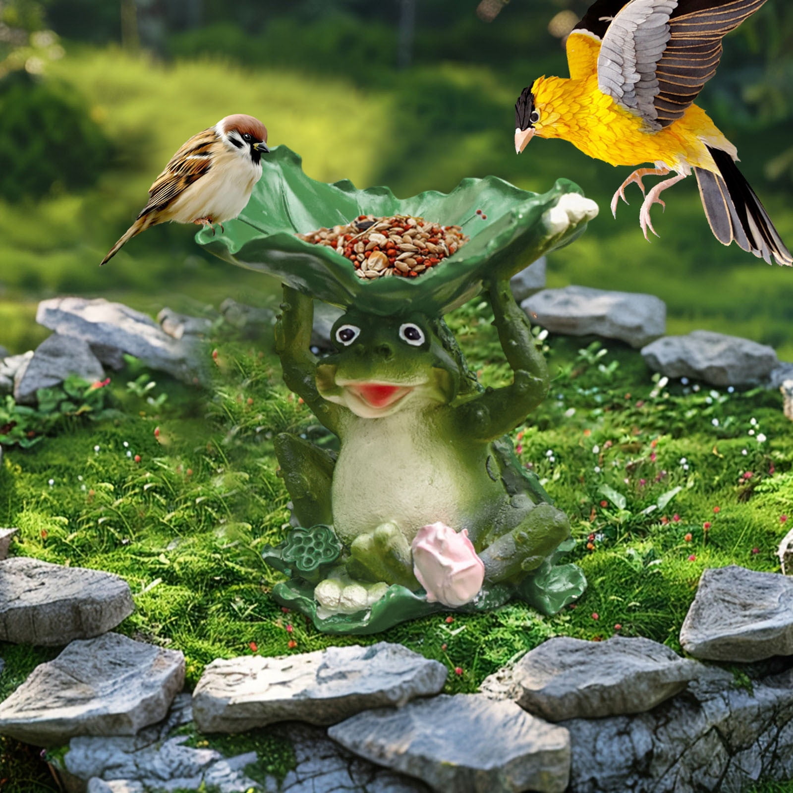 Bird Feeder Statue,6.4" Resin Decorative Sculpture with Lotus Leaf, Weatherproof Outdoor Garden Bird Feeder, Yard Lawn Ornament