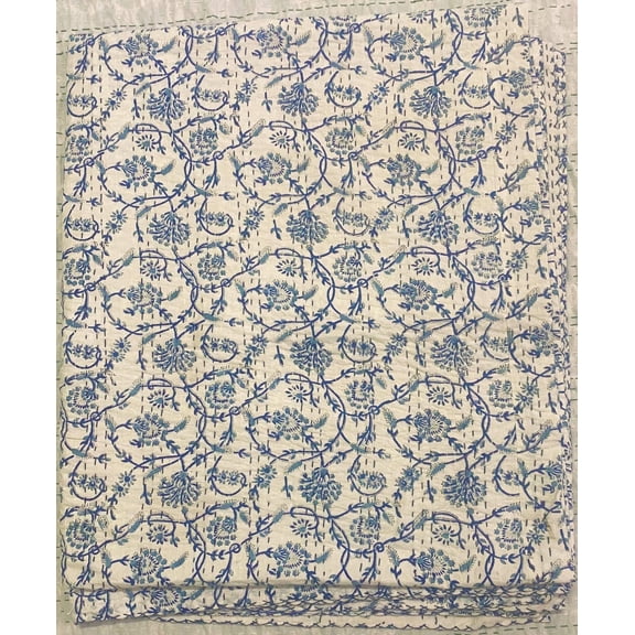 Ozark Textile Bedspread Queen Hand Stitched Cotton Quilt Blue Floral