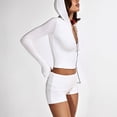 thumbnail image 3 of Women's 2 Piece Workout Set Zip Up Hooded Crop Jacket High Waist Shorts Activewear Outfit, 3 of 8