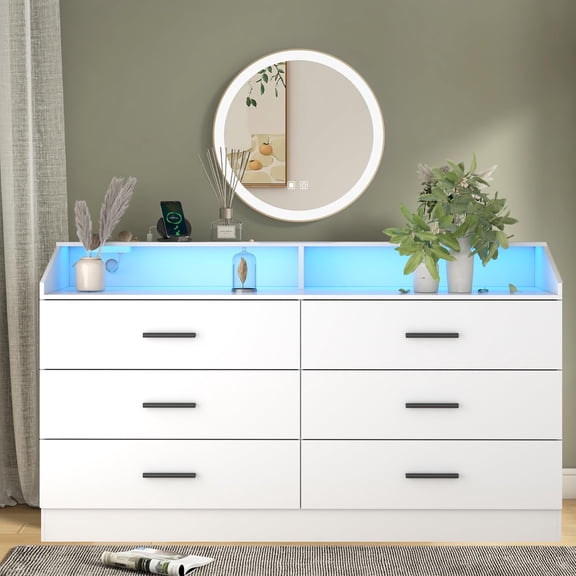 6-Drawer Dresser with Power Outlet, Chest of Drawers with LED Light, Modern Dresser with Open Storage Cubby, Double Wide Organizer for Bedroom, Living Room, Entryway, Hallway – STIKELY