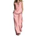 thumbnail image 2 of Cagogo Women's 2 Piece Sleeveless V Neck T-Shirt Wide Leg Pants Set Casual Boho Vacation Outfit Loose Summer Travel Matching Lounge Suits Tracksuit Clothes, Pink XL, 2 of 6