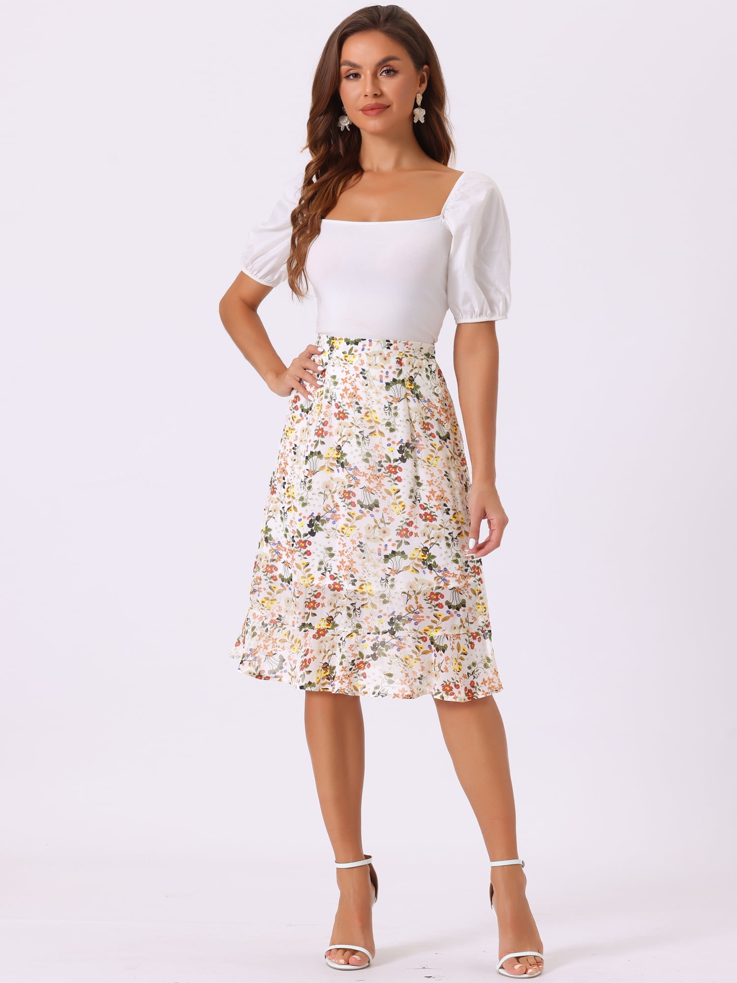 DARING DIVA Women's Floral Ruffle Hem Elastic Back Split Skirt M White