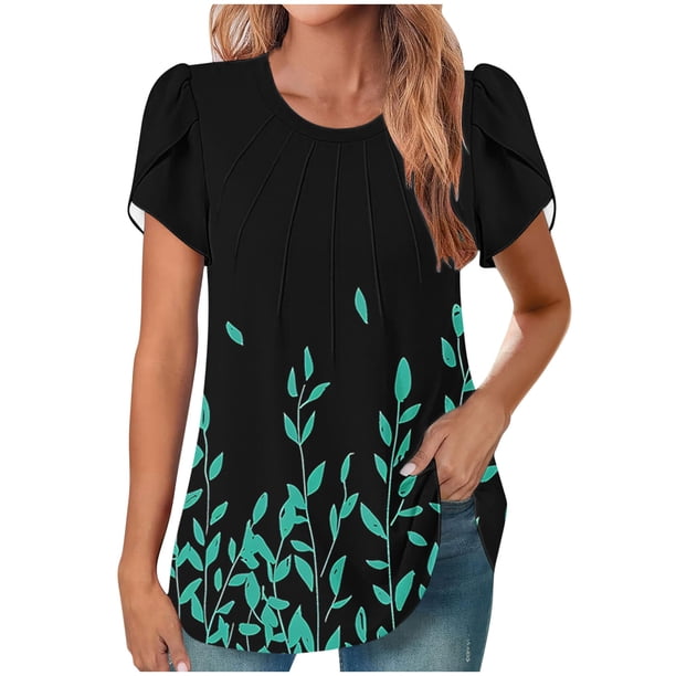 Mujeres de Manga Corta Tops Cuello Redondo Plisado Túnica, Tapa Casual Doblado Doblado Impreso Moda