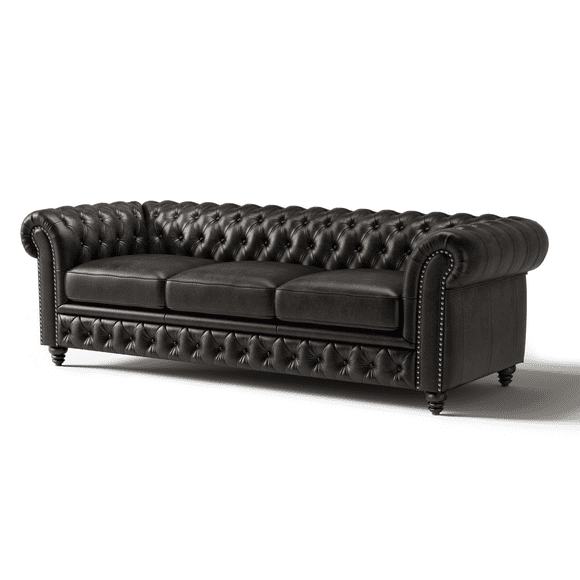 Valencia Parma 92" Full Aniline Leather Chesterfield Three Seats Sofa | Premium Full Aniline Leather, Artisan Crafted Nailheads, Classic Design, Black