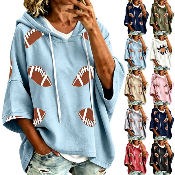 Helii Womens Hoodie 3/4 Sleeve Football Graphic Print Pullover Sweatshirt Soft Fleece Oversized Loose Fit Casual Fall 2026 Game Day Trendy Tops with Pockets 10 Colors Plus Size