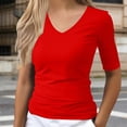 thumbnail image 2 of Sillenn Basic T Shirts Half Sleeve Tee Shirts V Neck Base Layer Trendy Casual Blouses Mid Arm Length Shirts Women Cute Summer Shirts Basic Solid Color Stretchy Top Soft Casual Tee Red L, 2 of 8