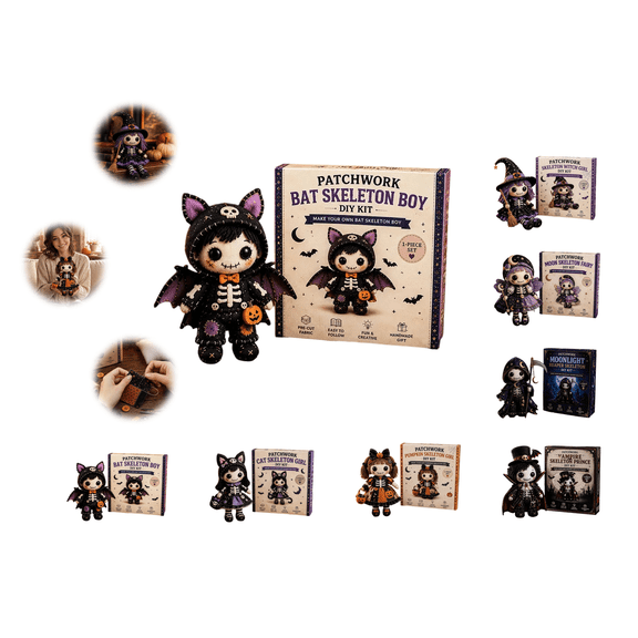 Patchwork Bat Skeleton Boy DIY Kit, Halloween Sewing Craft Kit for Adults, Beginner-Friendly Gothic Cute Handmade Doll Making Set, Great for Family Crafting Nights