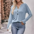 thumbnail image 4 of Black and Friday Deals 2023 Cotonie Women's V-Neck Solid Color Long Sleeve Tops Button T-shirt Casual Summer Autumn Blouse Basic Tops,Light Blue,S, 4 of 6