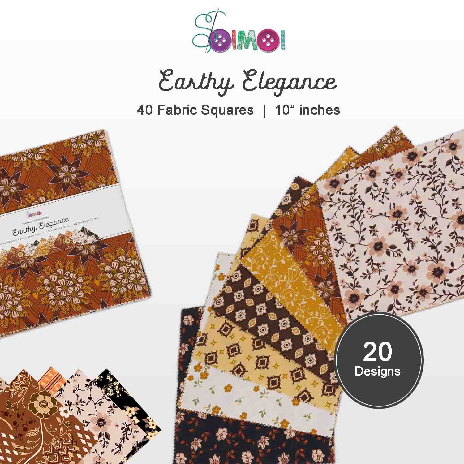 40 Pcs 10 x 10 inches Quilting Fabric Bundles Precut, DIY Cotton Fabric Squares, Printed Layer Cakes Patchwork Materials for Holiday Crafts Cloths Dcor, Charm Squares for Quilts - Earthy Elegance