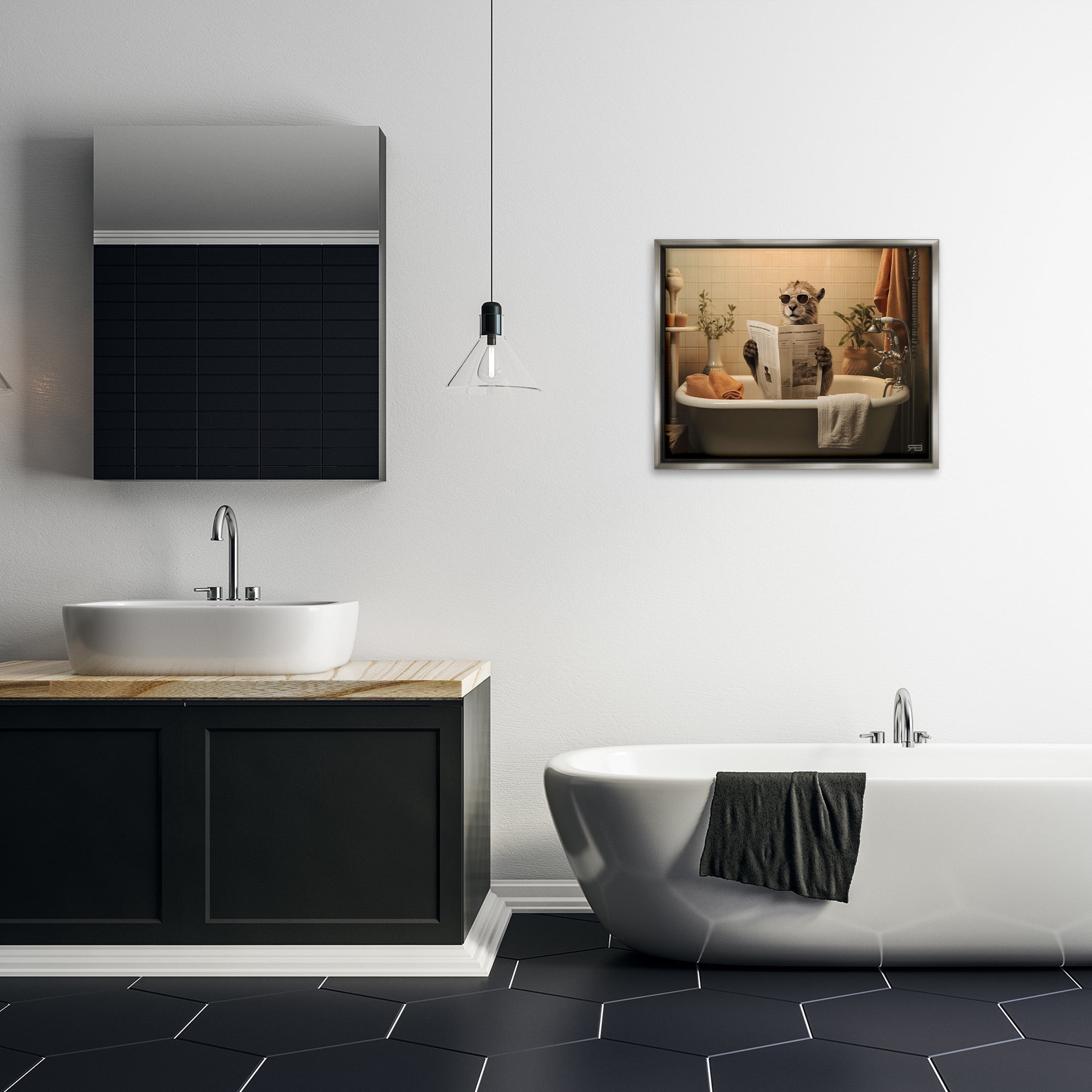 Stupell Industries Wild Cat in Bathtub Animals & Insects Painting Gray Floater Framed Canvas Art Print Wall Art, 31 x 25