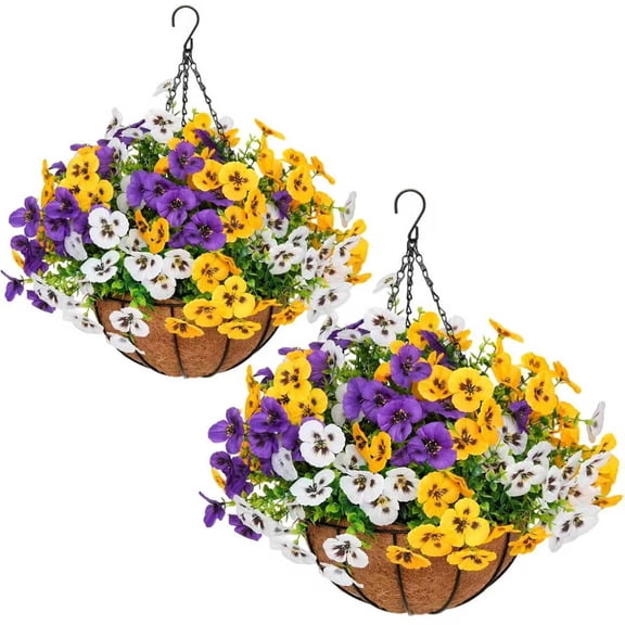 Artificial Hanging Flowers, 24 Pcs Set of Simulated Three Violet Flower Plants, with Coconut Shell Lined Basket, Suitable for Indoor and Outdoor Home and Outdoor Garden Decoration in Spring and Summ