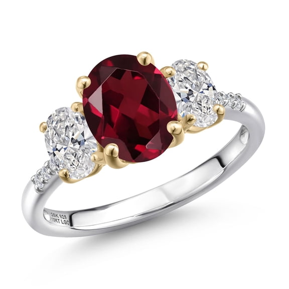 Gem Stone King 925 Silver and 10K Yellow Gold Red Rhodolite Garnet and DEF Lab Grown Diamond Engagement Ring for Women | 3.06 Cttw | Oval 9X7MM | January Birthstone | Size 9