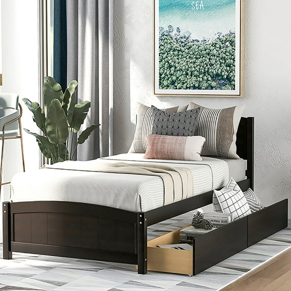 Veryke Platform Bed Frame with Two Storage Drawers - Twin size - Espresso