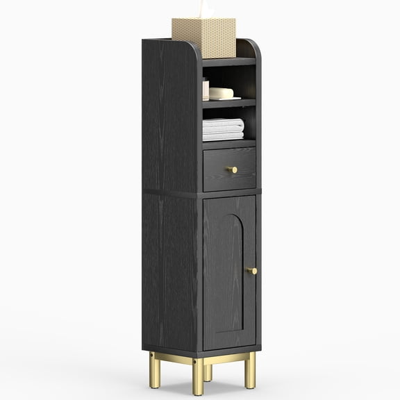 Bathroom Storage Cabinet, Modern Corner Floor Cabinet with Drawer and Door, Adjustable Shelf Black with Anti Dumping Kit for Bathroom Bedroom Living Room