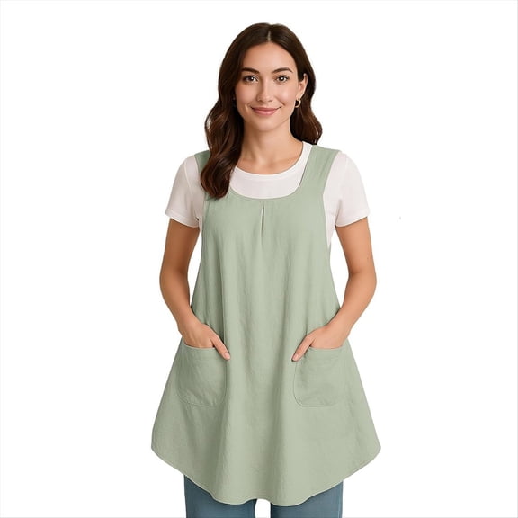 Apron with Pocket Cotton Linen, Japanese Back for Gardening Painting Green