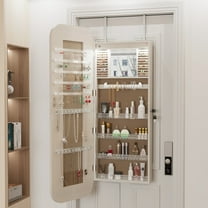 Noble House Wall Door Mounted Jewelry Cabinet with Full Length Mirror, Lighted Armoire Organizer, White