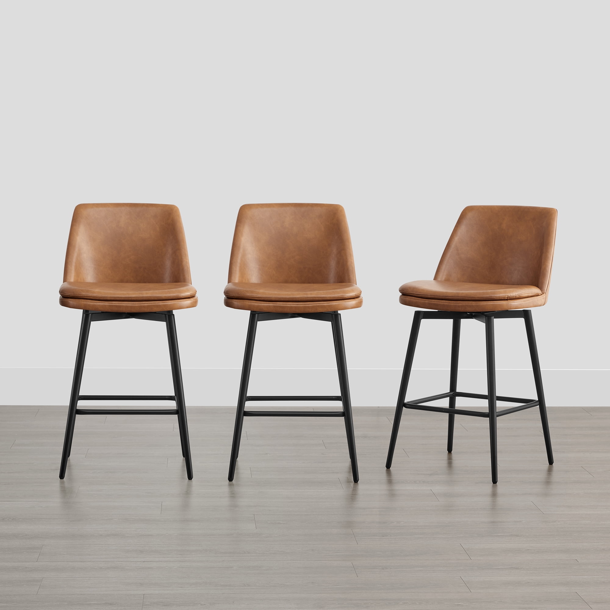 Spruce & Spring Counter Height Swivel Barstool with Curved Back and Metal Legs Set of 3, Cognac Faux Leather