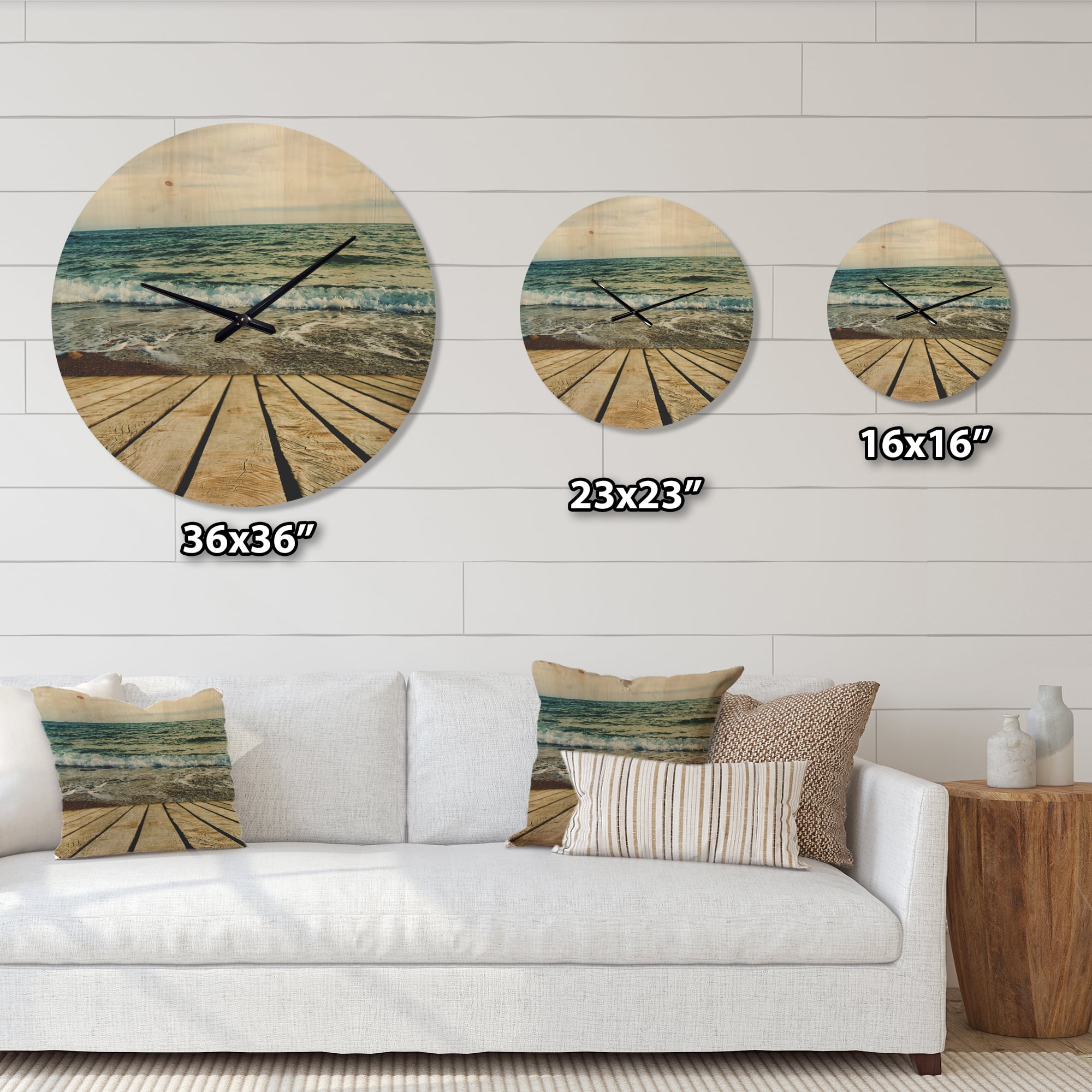 Designart 'Wooden Pier in Waving Sea At Bright Day' Modern Wood Wall Clock