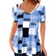 thumbnail image 1 of Camiseta de manga corta con estilo y transpirable con estampado de cuadros de poliéster con cuello en V ahuecado para mujer, 1 of 5