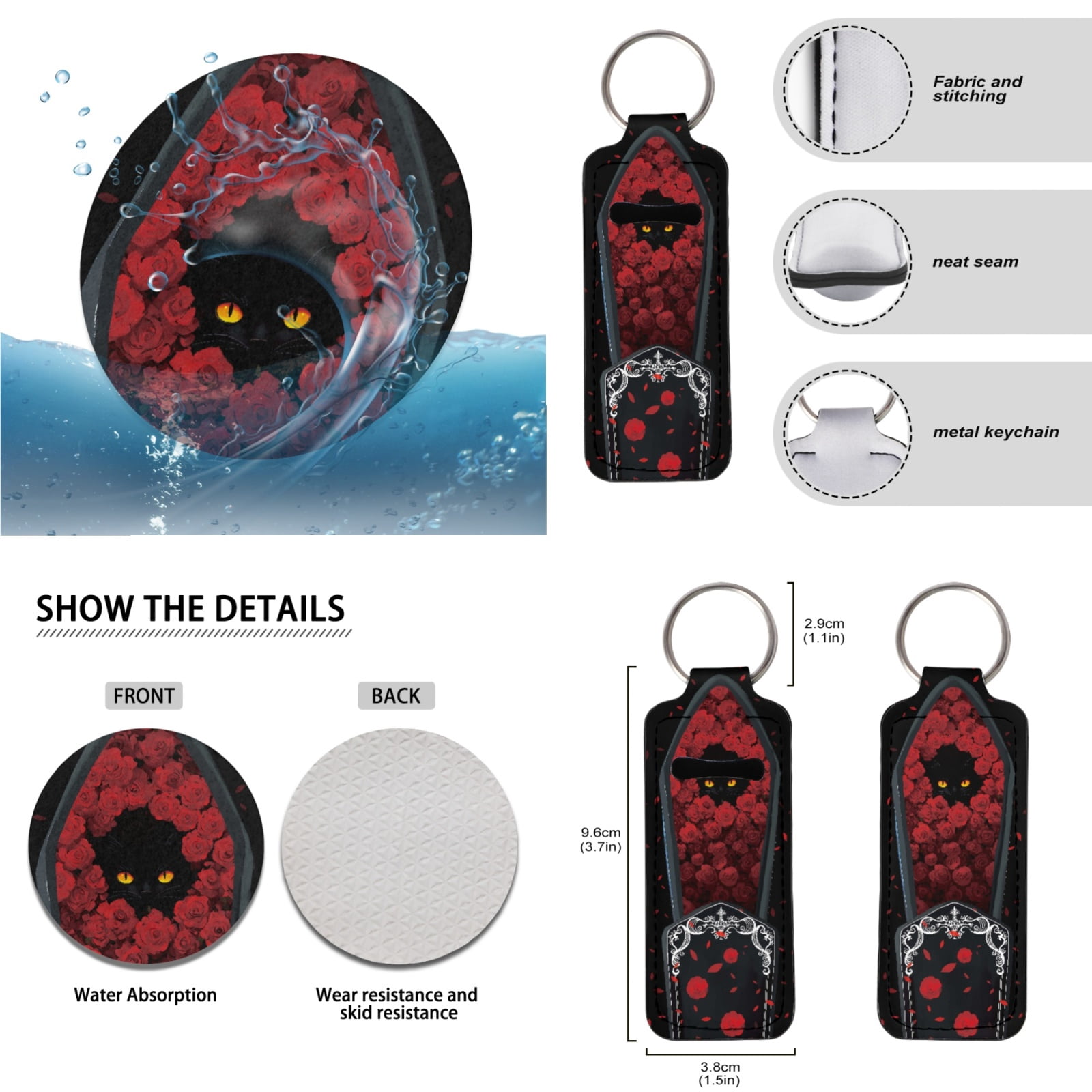 Jeiento Black Cat Car Seat Cover Full Set with Auto Floor Mats Steering Wheel Protector Non Slip Car Seatbelt Pads Armrest Cover Rose Coasters Lipstick Holder Keychain 17pcs Car Accessories Set