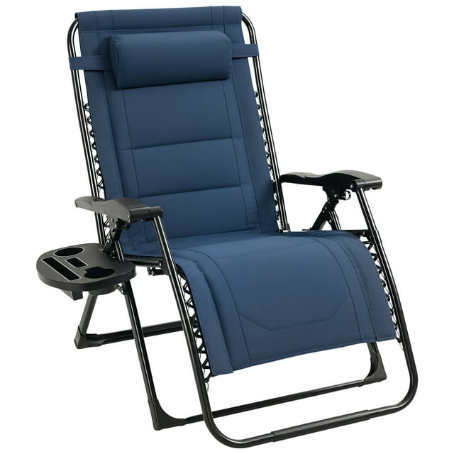 Outsunny Zero Gravity Chaise Longue, Chaise de Patio Inclinable avec Porte-Gobelet. Cette Chaise d'Extérieur Bleue Présente un Siège Rembourré, un Coussin d'Appui-tête Amovible et un Cadre en Acier Noir avec un Système d'Inclinaison Verrouillable. Comprend un Plateau avec Porte-Gobelet pour Plus de Commodité. Conception Pliable pour un Rangement Facile et une Portabilité. Idéale pour les Sièges de Patio et la Détente en Plein Air, Offrant un Soutien Lombaire et une Capacité de Poids de 400 Lb.
