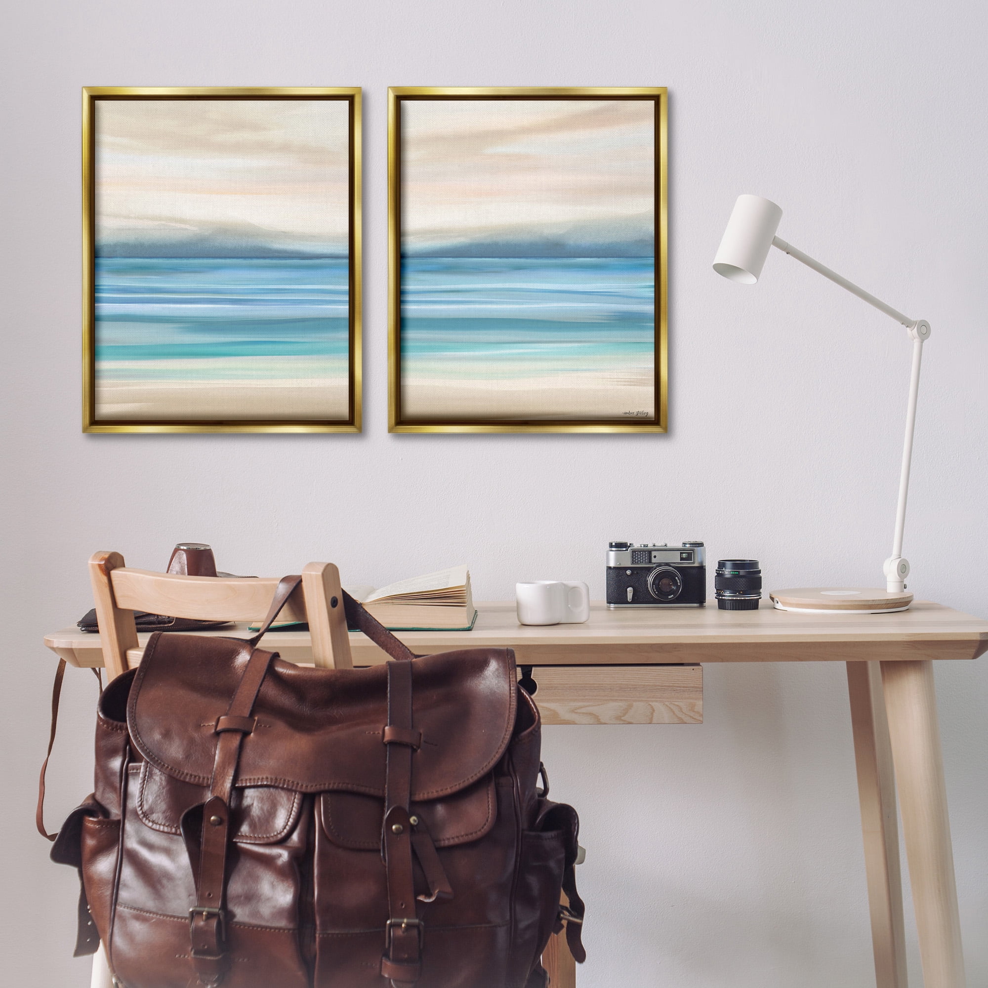 Stupell Industries Subtle Beach Seascape Landscape Painting Gold Floater Framed Canvas Art Print Wall Art, 25 x 31, Set of 2