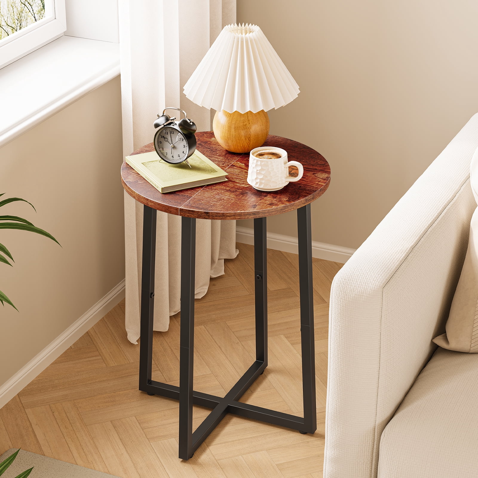 Side Table for Small Spaces, Round End Table with Metal Legs, Small Accent bedside Table for Living Room Bedroom, Reddish Brown