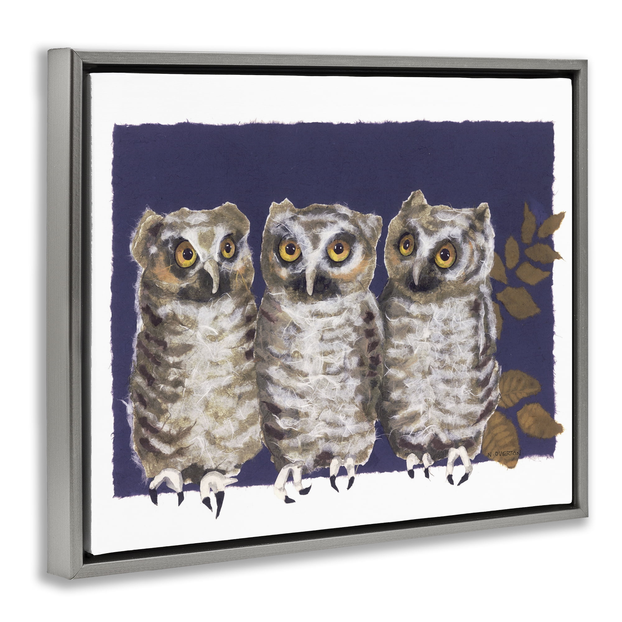 Stupell Industries Owl Trio & Leaves Animals & Insects Painting Gray Floater Framed Canvas Art Print Wall Art, 31 x 25