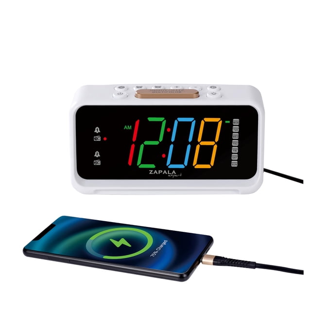 ZAPALA expert Radio despertador, 2 alarmas, pantalla LED gigante, radio reloj digital FM con puerto de carga USB, visualización de días, volumen ajustable y atenuador, luz nocturna, repetición para ni
