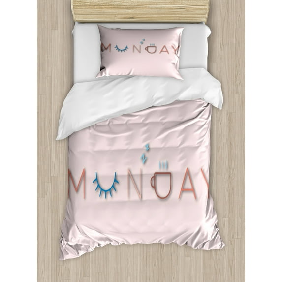 Sleep Duvet Cover Set Twin Size, Colorful Lettering Monday with Conceptual Design Sleep and Coffee on Pastel Pink, Decorative 2 Piece Bedding Set with 1 Pillow Sham, Multicolor, by Ambesonne