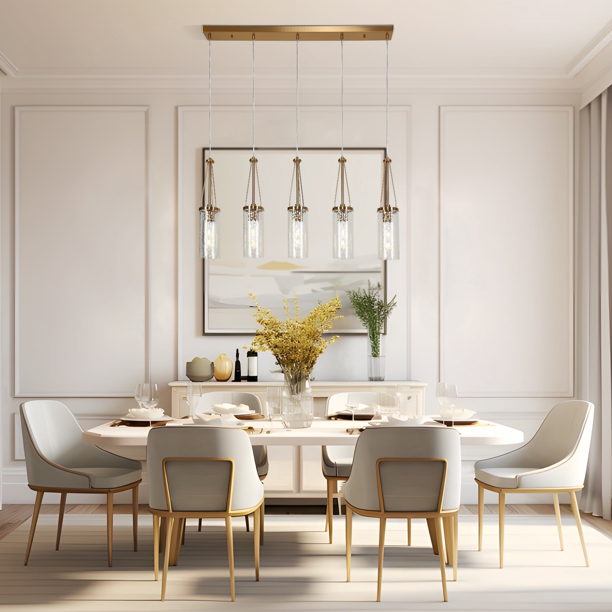 LNC Letophafos 5 -Light Polished Dark Gold with Ripple Glass Modern/contemporary Textured glass Crystal Linear Large Hanging Kitchen Island Light