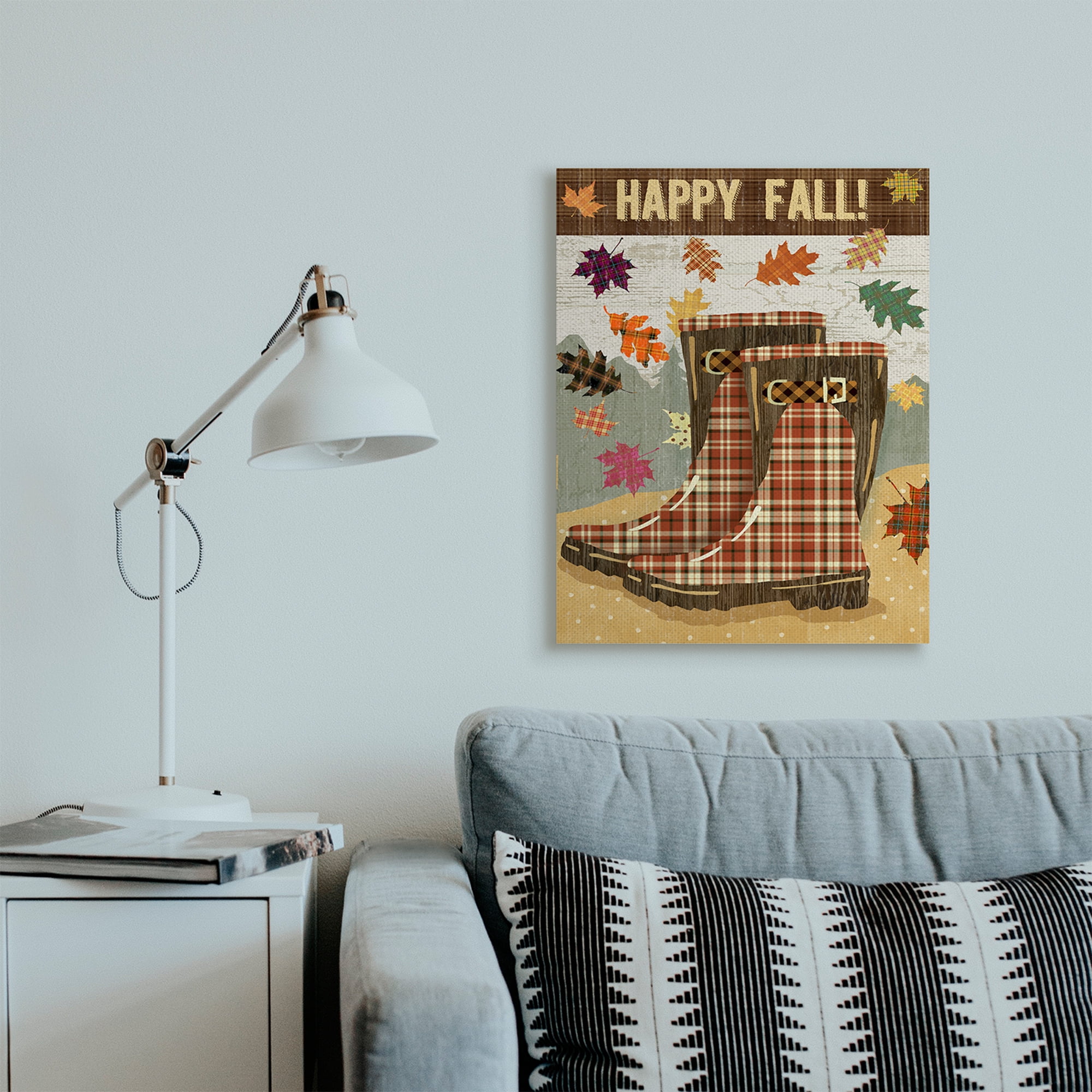 Stupell Industries Happy Fall Phrase Plaid Boots and Foliage Landscape Painting Gallery Wrapped Canvas Art Print Wall Art, 24 x 30