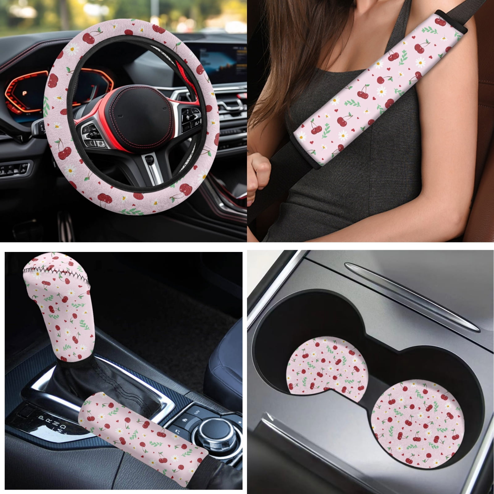 Yuyamidu Cherry Car Seat Cover Set of 15 Daisy Front Back Seat Cover with Car Floor Mats Pink Steering Wheel Cover Seat Belt Pad Handbrake Cover Set Coasters