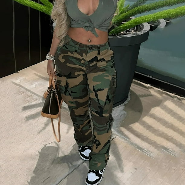 Pantalones cargo Prolriy para mujer, con bolsillos, tiro bajo y