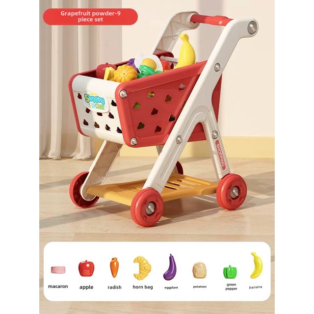 Grapefruit Pink Kids Shopping Cart Playset with Fruit Cutting Toys – 9-Piece ABS Material Pretend Play Set for Toddlers, Encouraging Interactive Learning, Cognitive Development & Parent-Child
